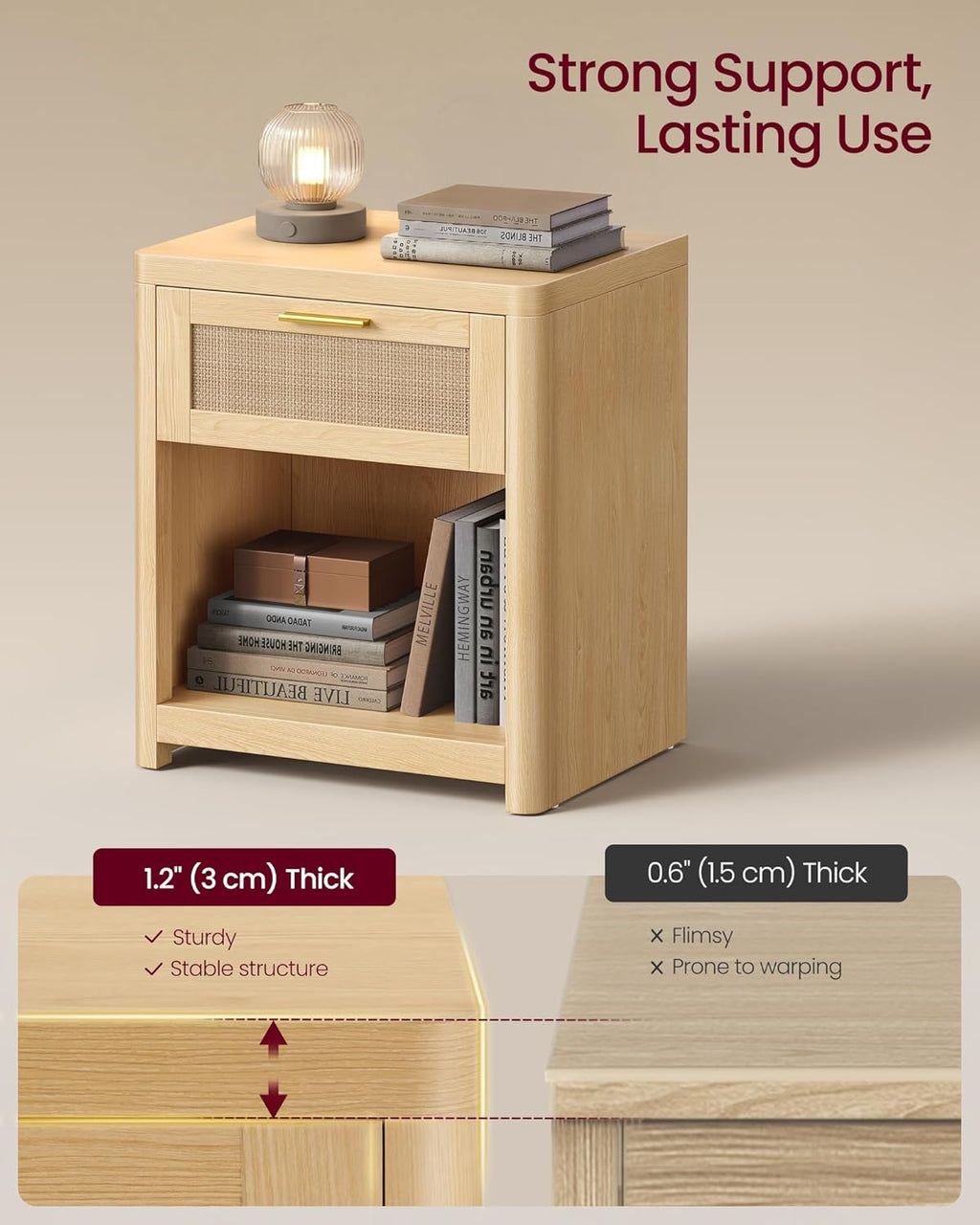 VASAGLE ELLAN Collection - Boho Nightstands with Rattan-Look Drawer, Set of 2 Accent Side End Tables with Open Compartment, Rounded Corners, for Bedroom Bedside, Oak Beige ULET818YC01