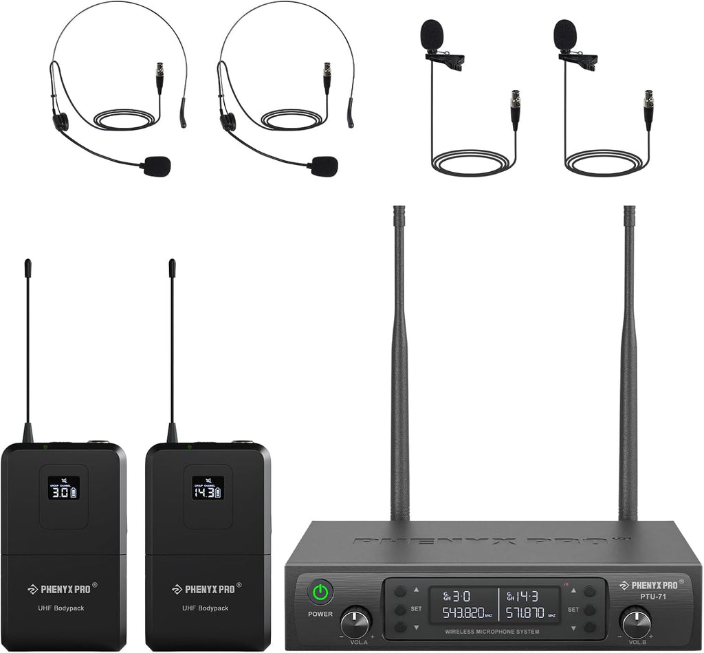 Phenyx Pro Dual UHF Wireless Microphone System .Auto-Scan Cordless Mic Set w/ 2x100 Frequencies, 2 Bodypacks & Headsets/Lapel Microphones for Speaking, Singing, Church, DJ (PTU-71-2B)
