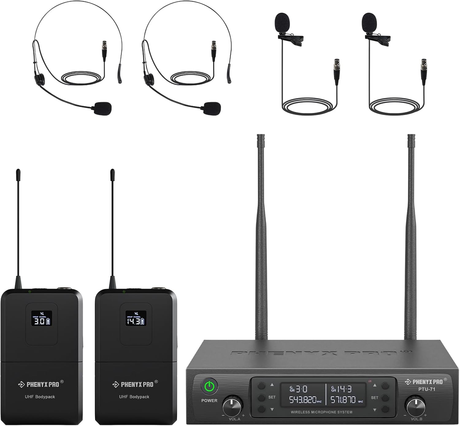 Phenyx Pro Dual UHF Wireless Microphone System .Auto-Scan Cordless Mic Set w/ 2x100 Frequencies, 2 Bodypacks & Headsets/Lapel Microphones for Speaking, Singing, Church, DJ (PTU-71-2B)