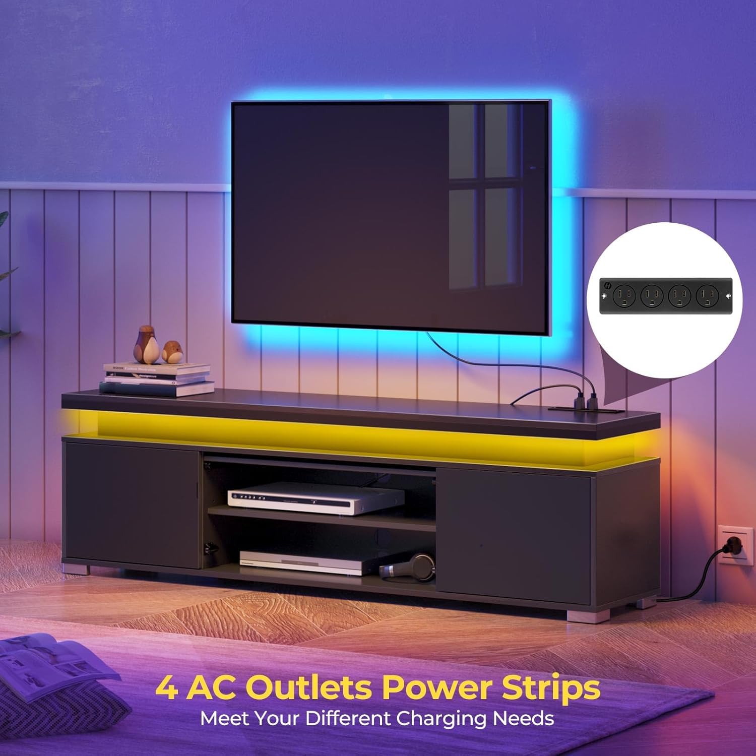 Rolanstar TV Stand with Power Outlet & LED Lights, Modern Entertainment Center for 32/43/50/55/65 Inchs TVs, TV Table, Universal Gaming LED TV Media Stand with Large Storage Cabinet, Black