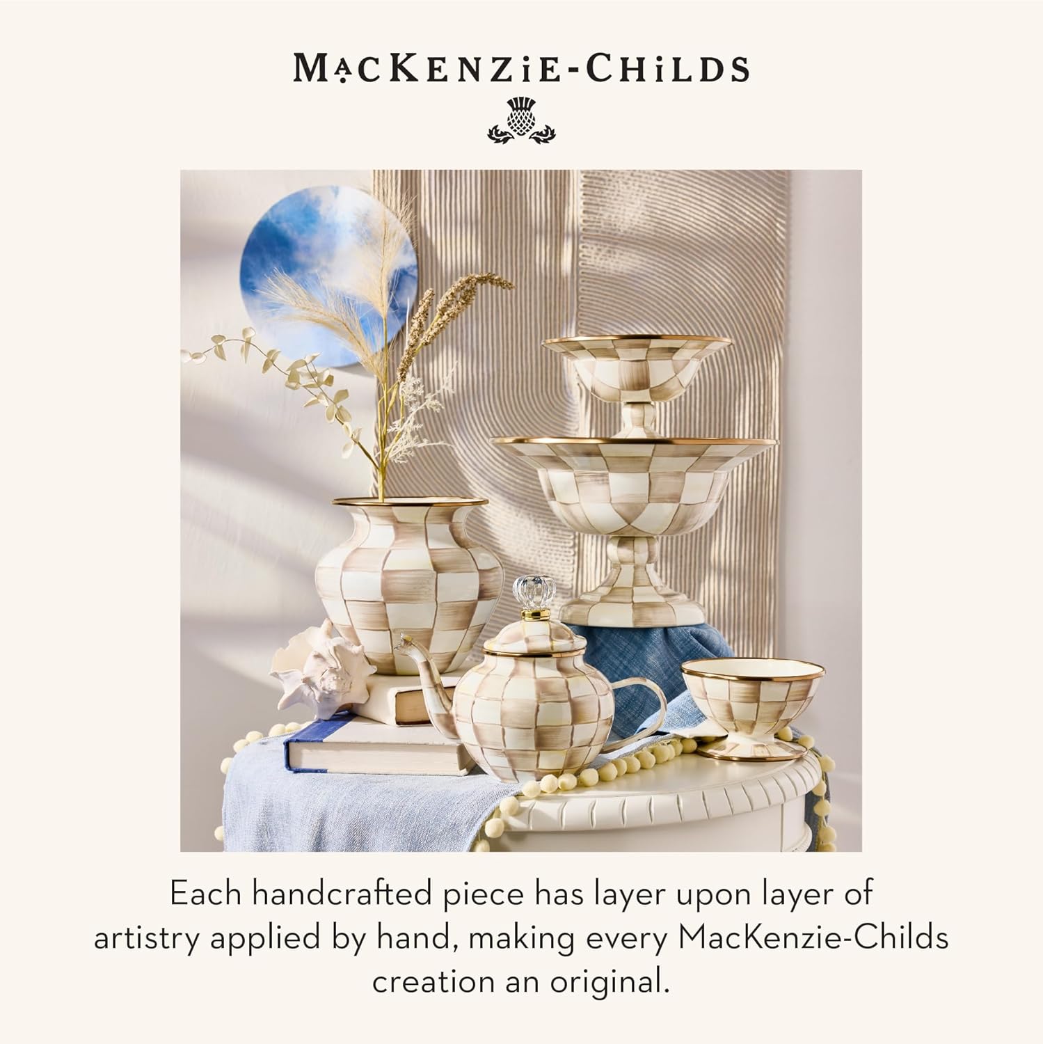 MACKENZIE-CHILDS Enamel Large Vase, Unique Flower-Vase Decor, Brown-and-White Mocha Check