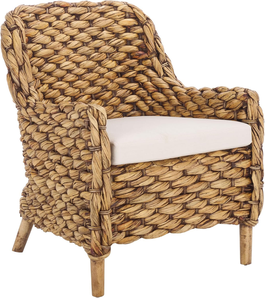 SAFAVIEH Home Collection Purrl Tropical Coastal Brown Wash Solid Wood Hyacinth Accent Chair with Cushion (Fully Assembled)