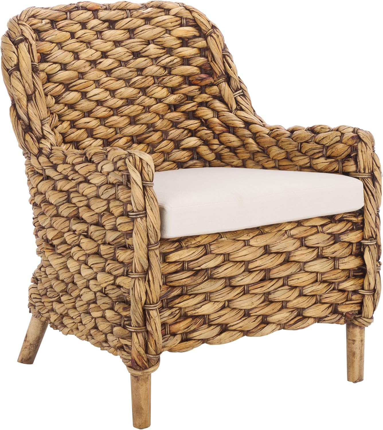 SAFAVIEH Home Collection Purrl Tropical Coastal Brown Wash Solid Wood Hyacinth Accent Chair with Cushion (Fully Assembled)