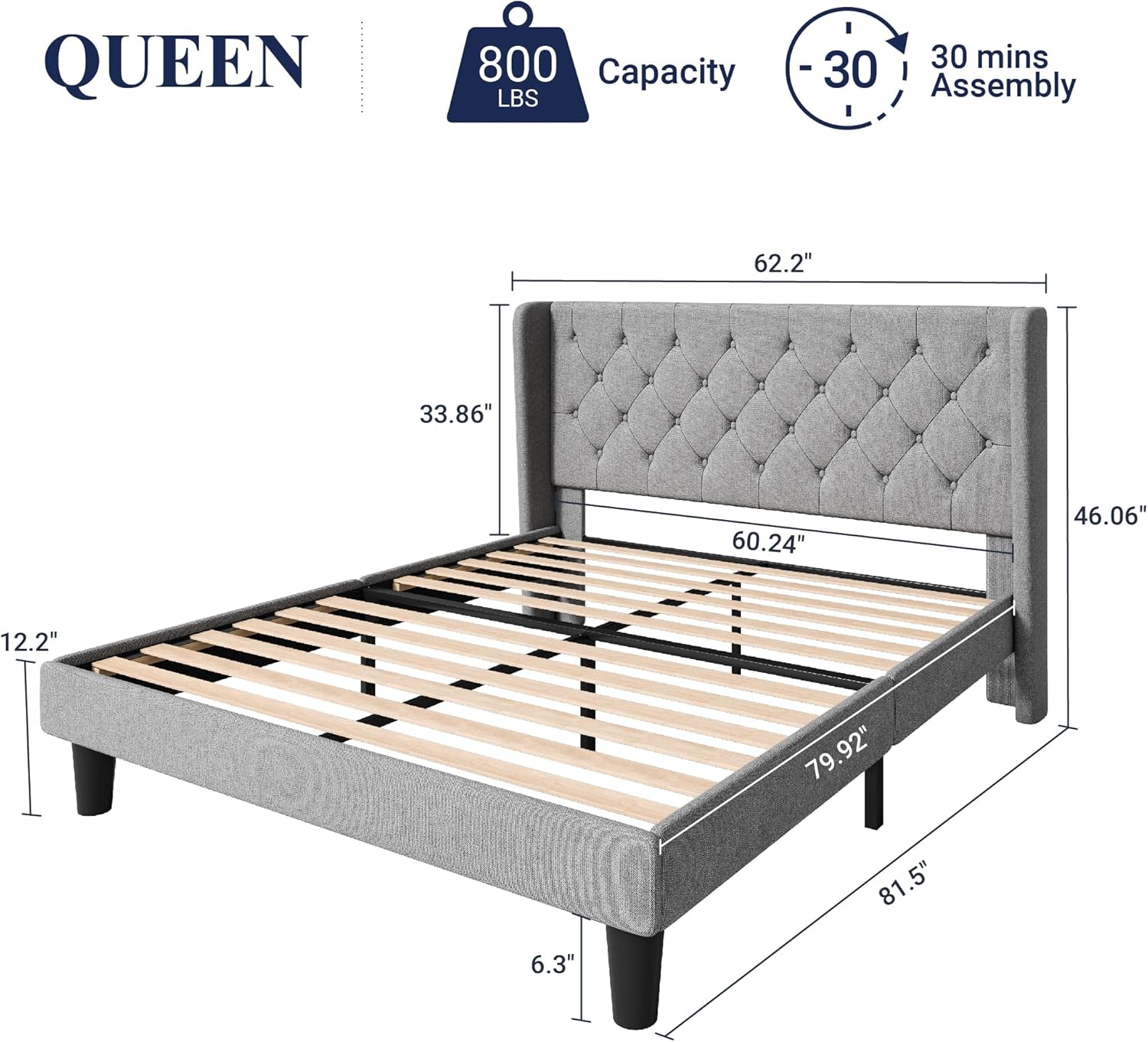 Allewie Queen Size Bed Frame with Button Tufted Wingback Headboard, Modern Upholstered Bed Frame with Solid Wooden Slats Support - No Box Spring Needed, Easy Assembly, Light Grey