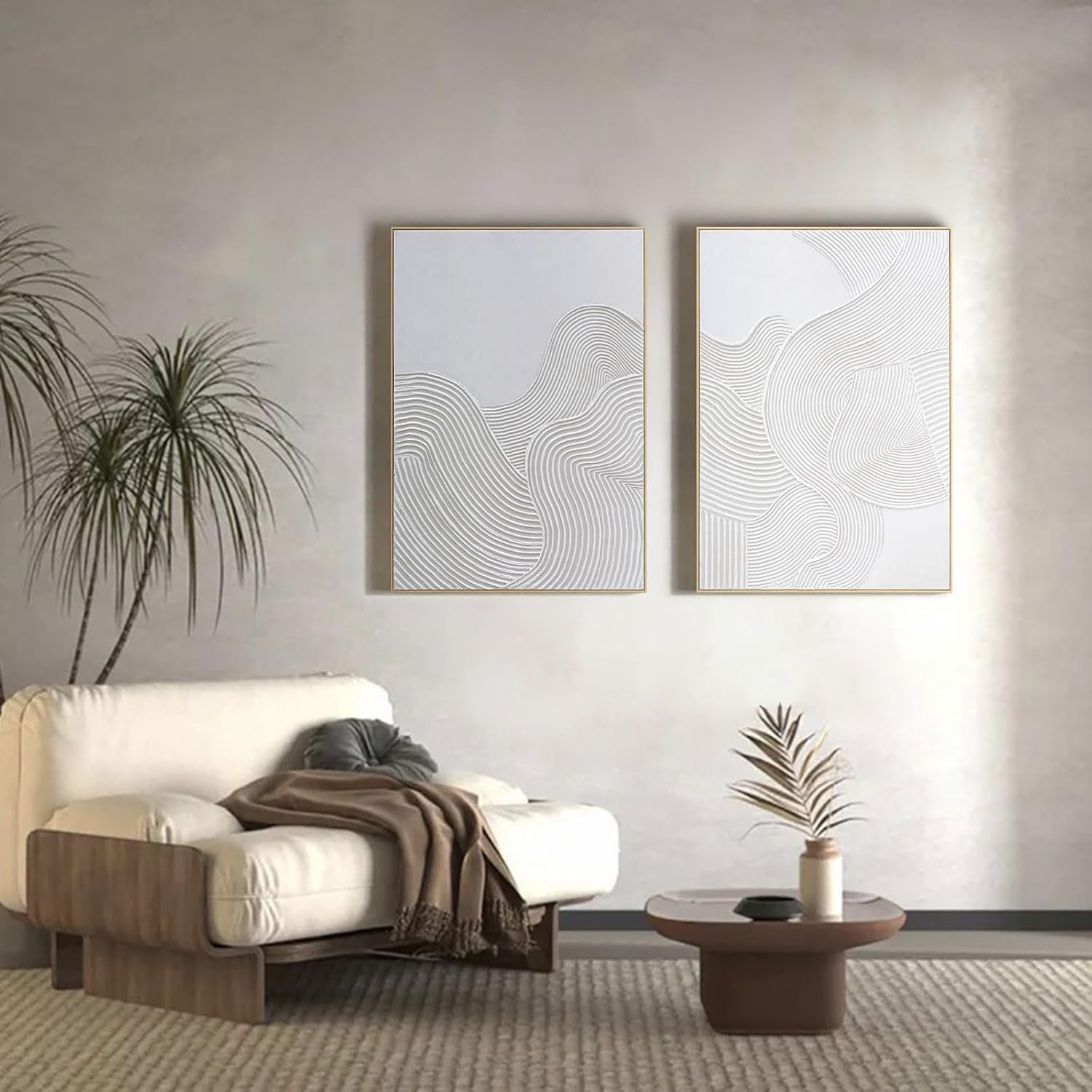 Framed Neutral Abstract Wall-Art Painting - Large Abstract Canvas Wall Decor 3D Curve Illustrations Hand painting for Living Room, Bedroom, Office - 2 Piece 28 x 40 Inch, Ready to Hang