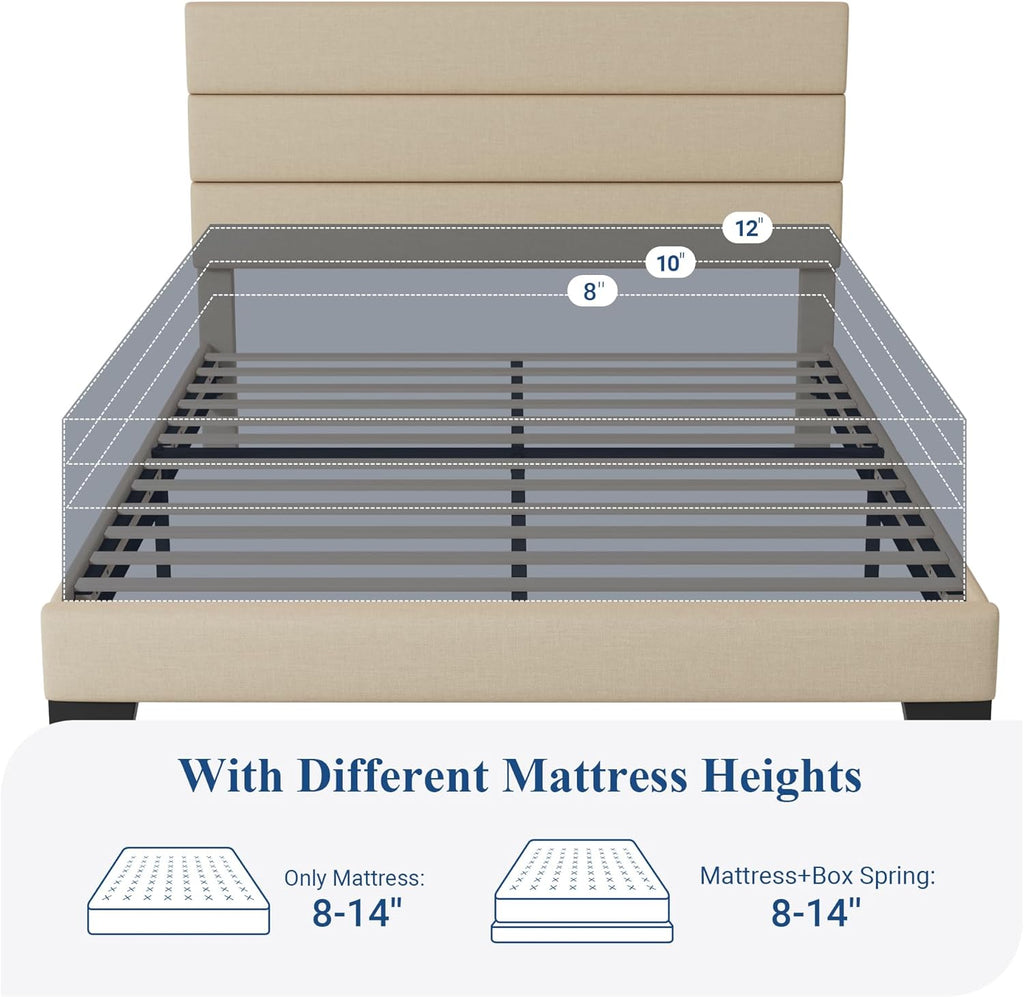 Allewie Queen Size Platform Bed Frame with Fabric Upholstered Headboard and Wooden Slats Support, Fully Upholstered Mattress Foundation/No Box Spring Needed/Easy Assembly, Beige