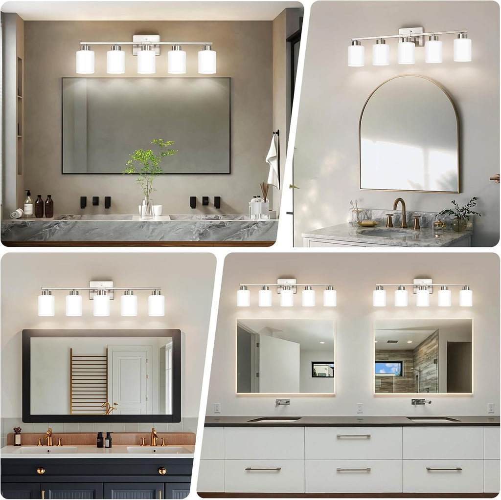 FonmYim Brushed Nickel Bathroom Light Fixtures, 5-Light Modern Vanity Light Over Mirror, Wall Sconces with Milky White Frosted Glass Shades, E26 Socket (Bulbs Not Included)