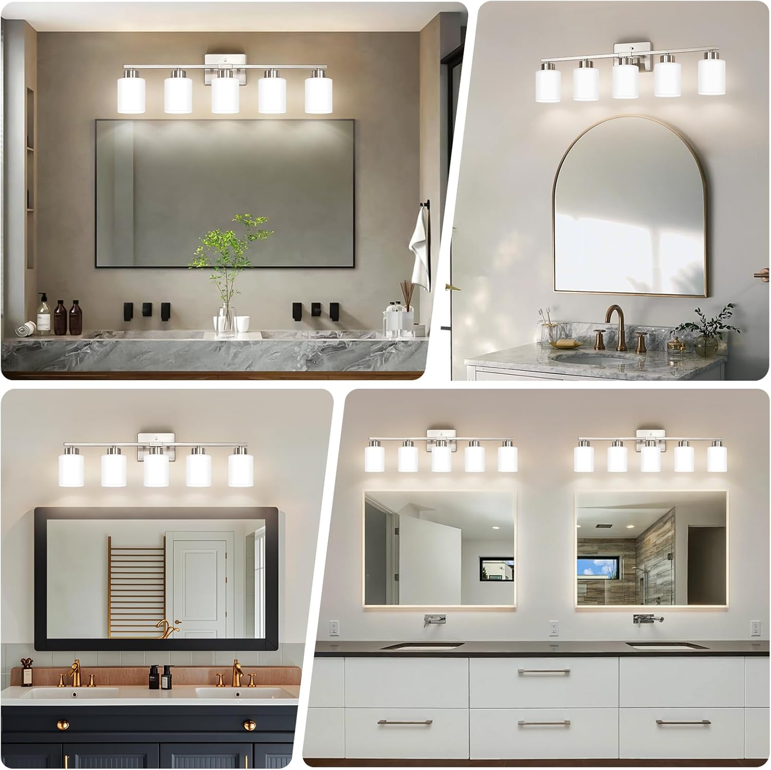 FonmYim Brushed Nickel Bathroom Light Fixtures, 5-Light Modern Vanity Light Over Mirror, Wall Sconces with Milky White Frosted Glass Shades, E26 Socket (Bulbs Not Included)