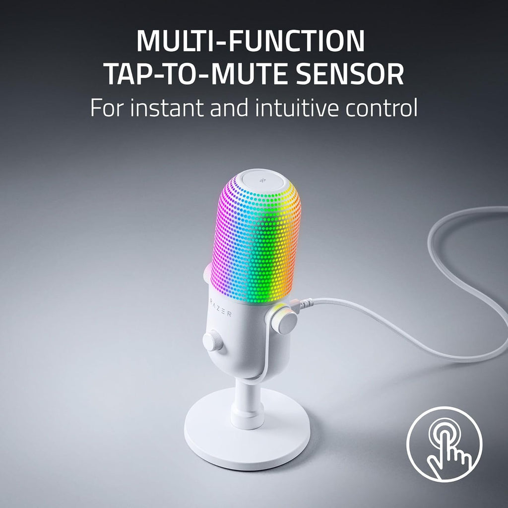 Razer Seiren V3 Chroma RGB USB Microphone: Stream & Game Reactive Lighting - Tap-to-Mute Sensor - Condenser Mic - Digital Gain Limiter & Shock Absorber - PC, Discord, OBS Studio, XSplit - White