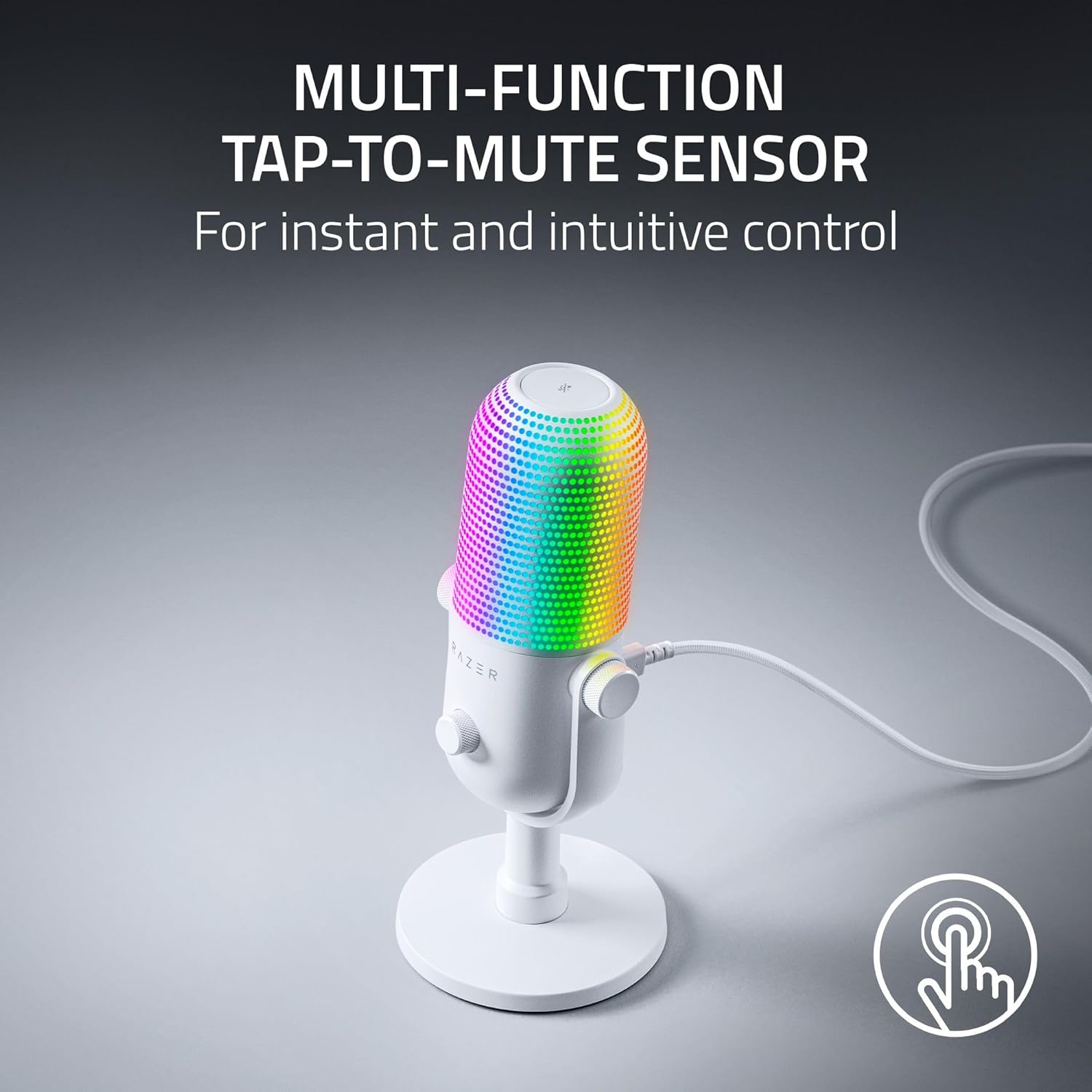 Razer Seiren V3 Chroma RGB USB Microphone: Stream & Game Reactive Lighting - Tap-to-Mute Sensor - Condenser Mic - Digital Gain Limiter & Shock Absorber - PC, Discord, OBS Studio, XSplit - White