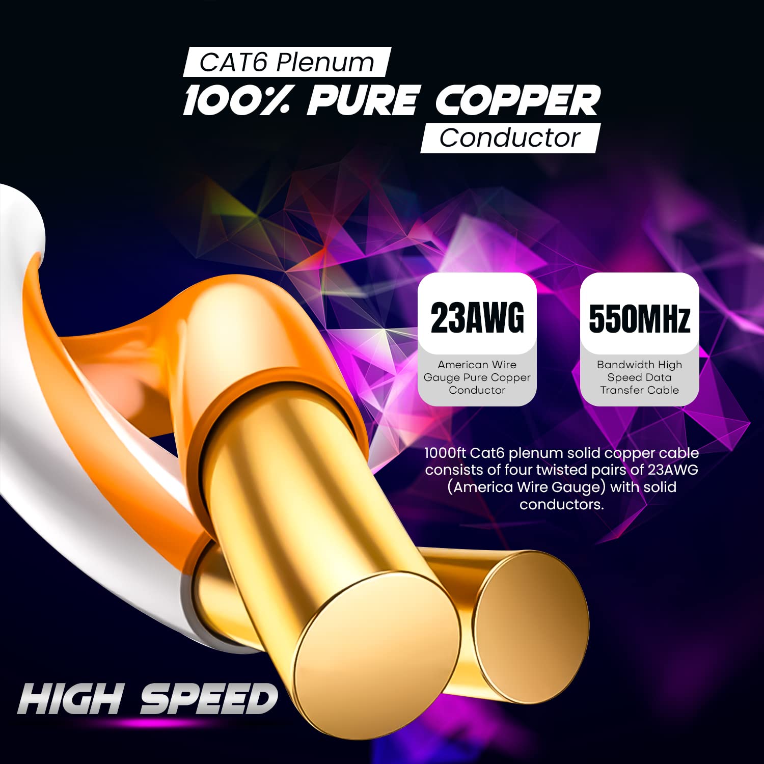 NewYork Cables CAT6 Plenum Cable 1000ft | 100% Solid Bare Copper, UTP, 550MHz, 23AWG, 4Pair 10GB Ethernet Cable, Certified CMP-Rated Bulk Cat 6 Cable for Networking & Gaming (1000ft, Pure Copper,Red)