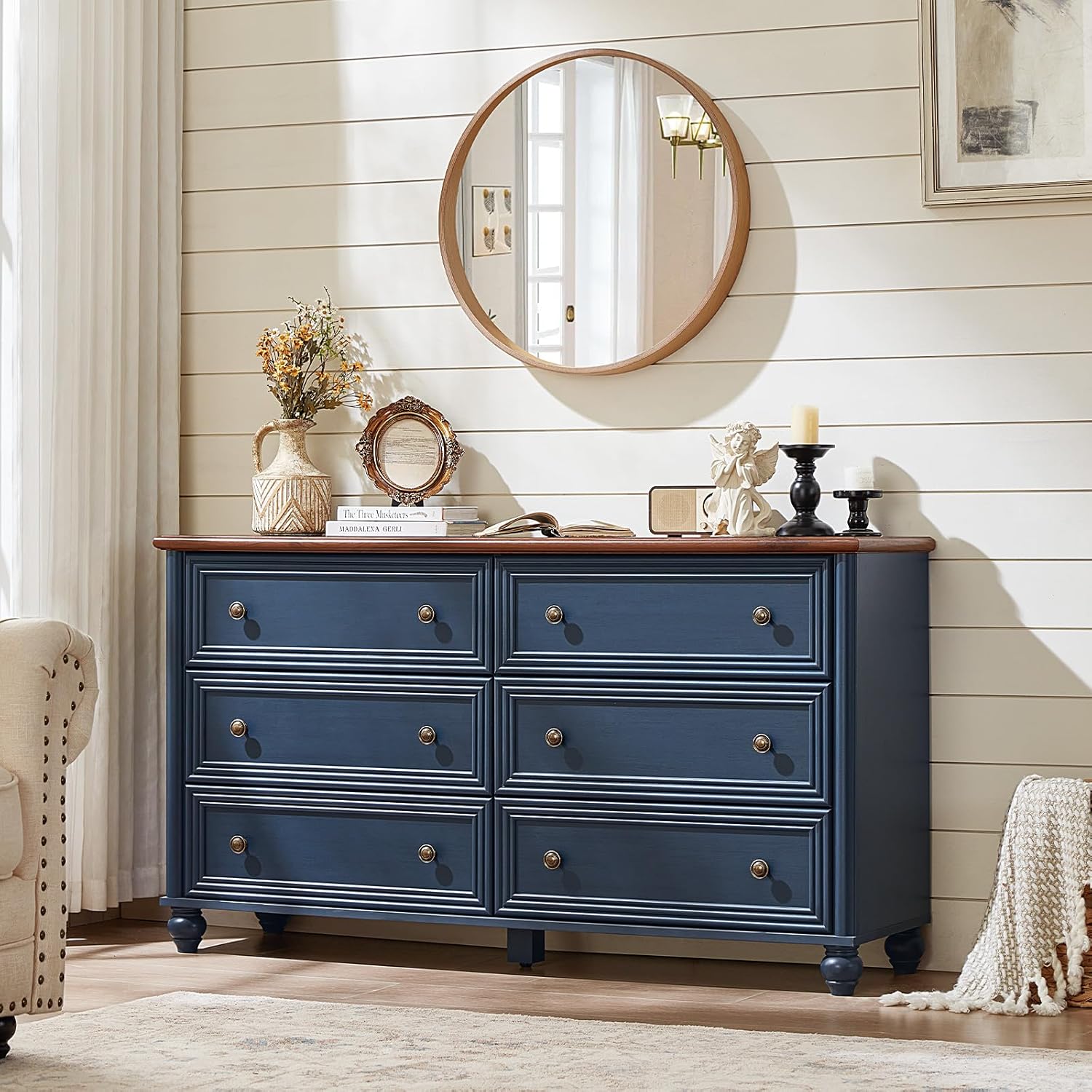 Farmhouse Dressers & Night Stand Set of 4, Wood 54" Wide Dresser & 43.5"Tall Chest of Drawers, 18" with Charging Station Nightstand Set of 2, Bedroom Furniture Dresser Set for Home Living Room Hallway