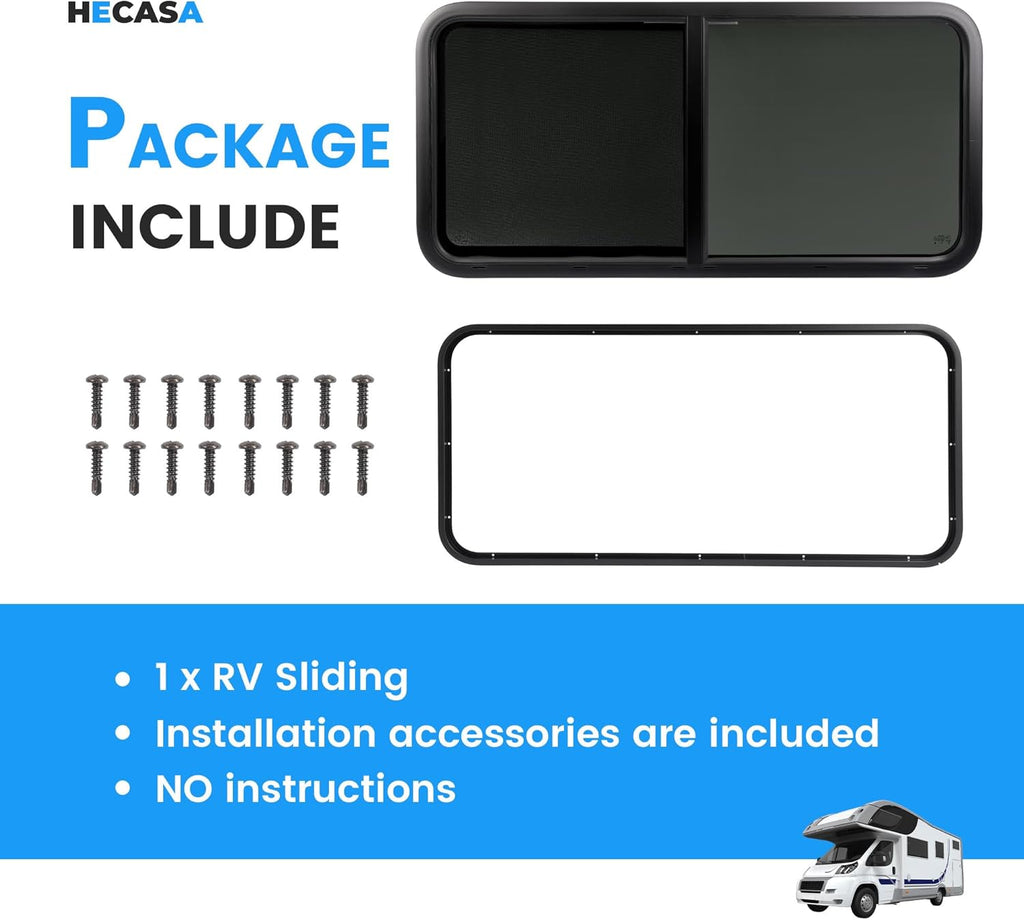 HECASA 48" W x 22" H Horizontal Slide RV Window Replacement W/Net Screen For Cargo Travel Trailer, Camper, Cargo Van