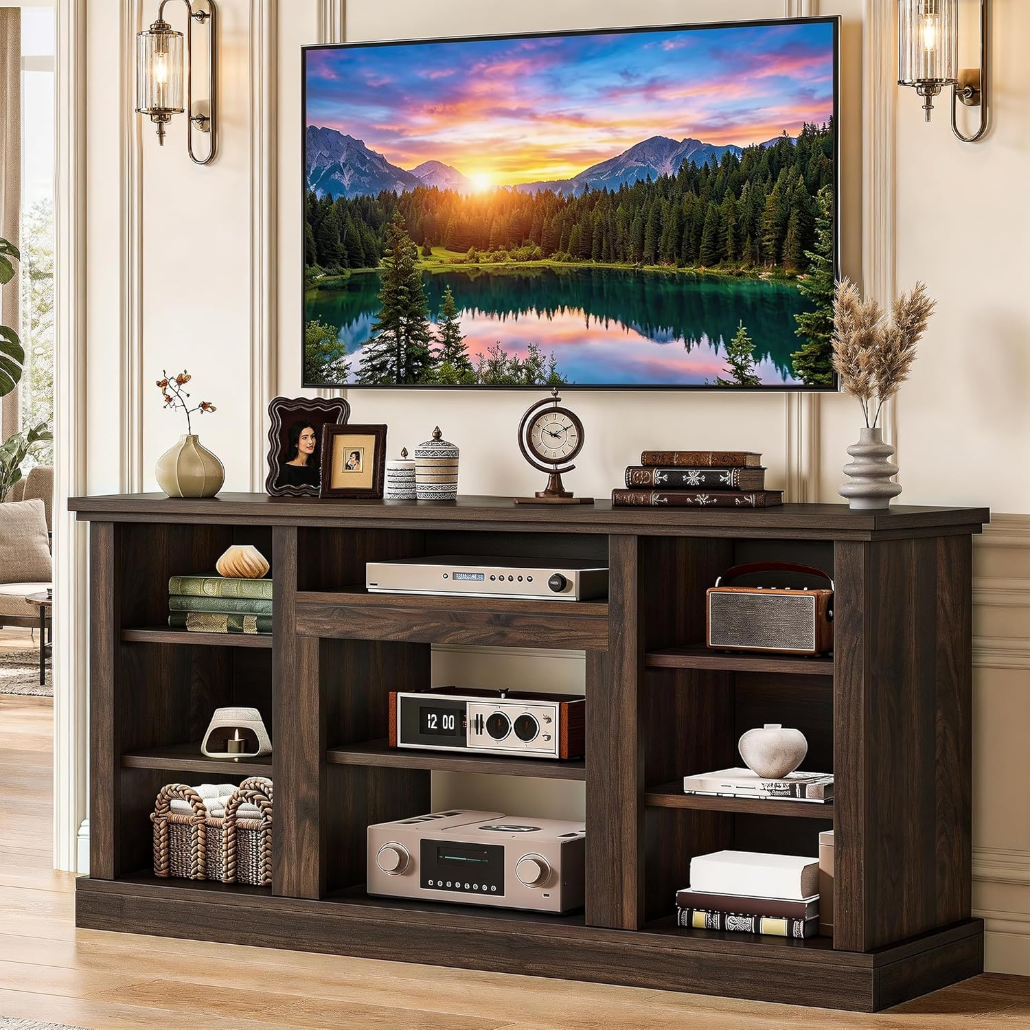 YITAHOME Farmhouse TV Stand for 75/80 Inch TVs, Entertainment Center with Adjustable Shelf & Open Storage, TV Console Table with Cord Management for Living Room, Bedroom (Walnut)