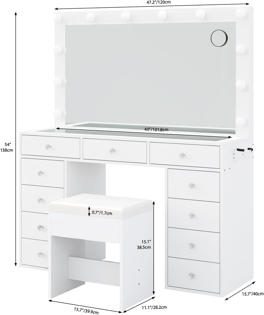 Yanosaku Vanity Desk & Power Outl, Makeup Vanity with Mirror and 12 LED Lights, Makeup Table with 11 Drawers, Vanity Table with Chair,Set 3 Lighting Modes Brightness Adjustable-(White)