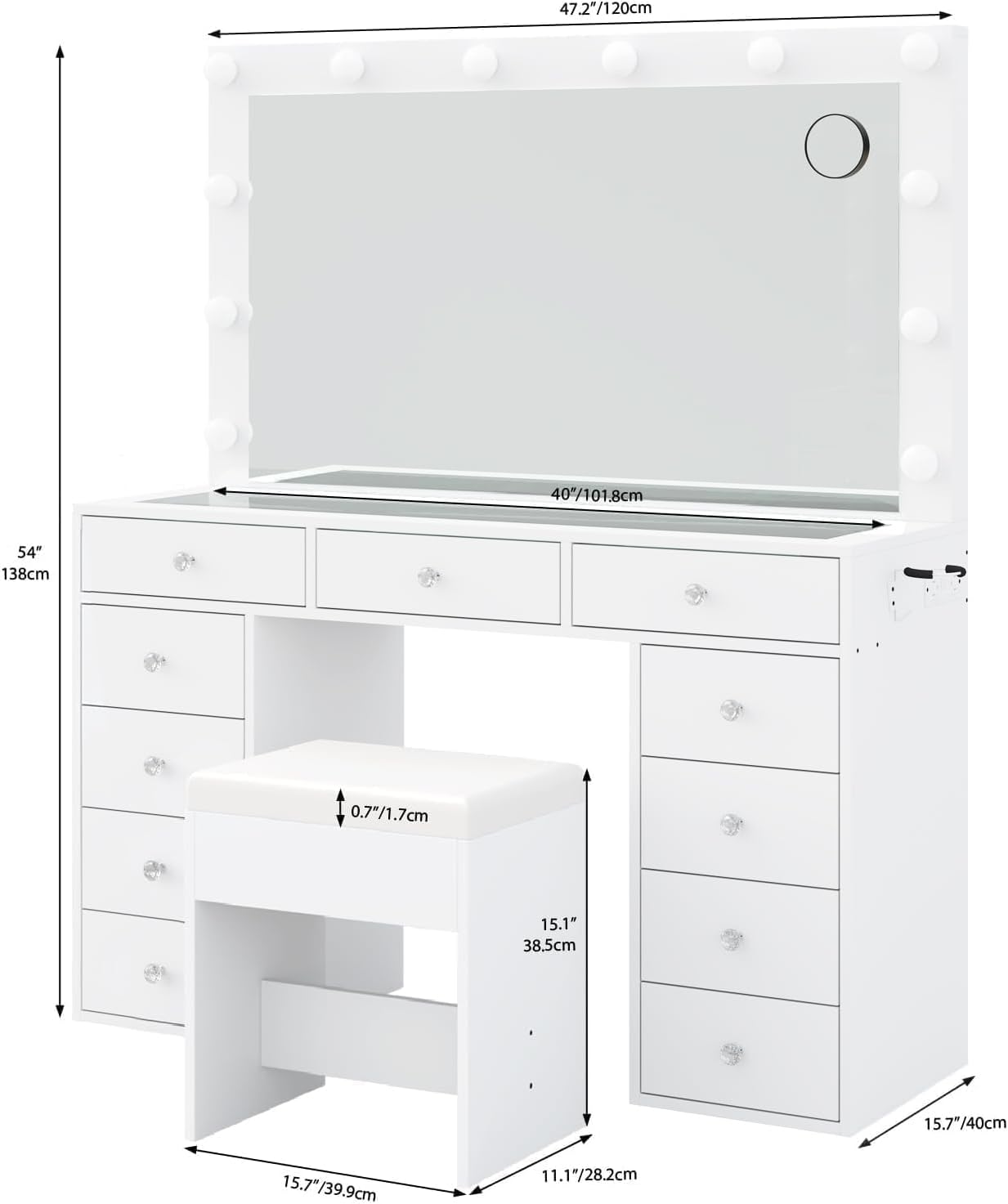 Yanosaku Vanity Desk & Power Outl, Makeup Vanity with Mirror and 12 LED Lights, Makeup Table with 11 Drawers, Vanity Table with Chair,Set 3 Lighting Modes Brightness Adjustable-(White)