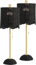 JONATHAN Y 27.5" Black/Brass Gold Coastal Buffet Table Lamp Set of 2 for Bedroom, Boho Table Lamps with Natural Rattan Scalloped Shade, Pull Chain, LED Bulbs Included (JYL1138C-SET2)