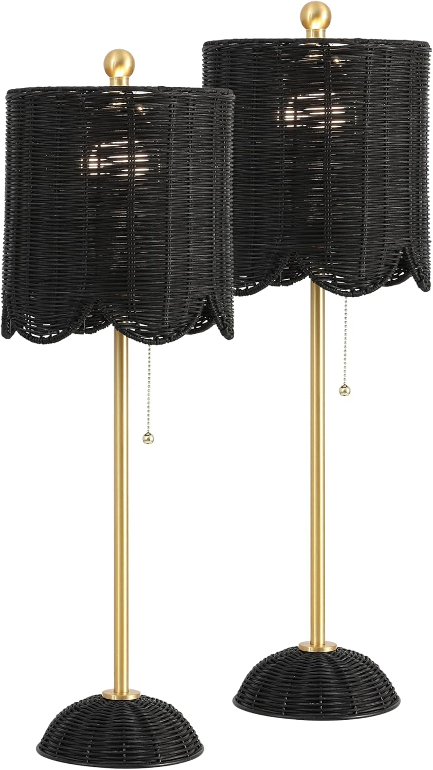 JONATHAN Y 27.5" Black/Brass Gold Coastal Buffet Table Lamp Set of 2 for Bedroom, Boho Table Lamps with Natural Rattan Scalloped Shade, Pull Chain, LED Bulbs Included (JYL1138C-SET2)