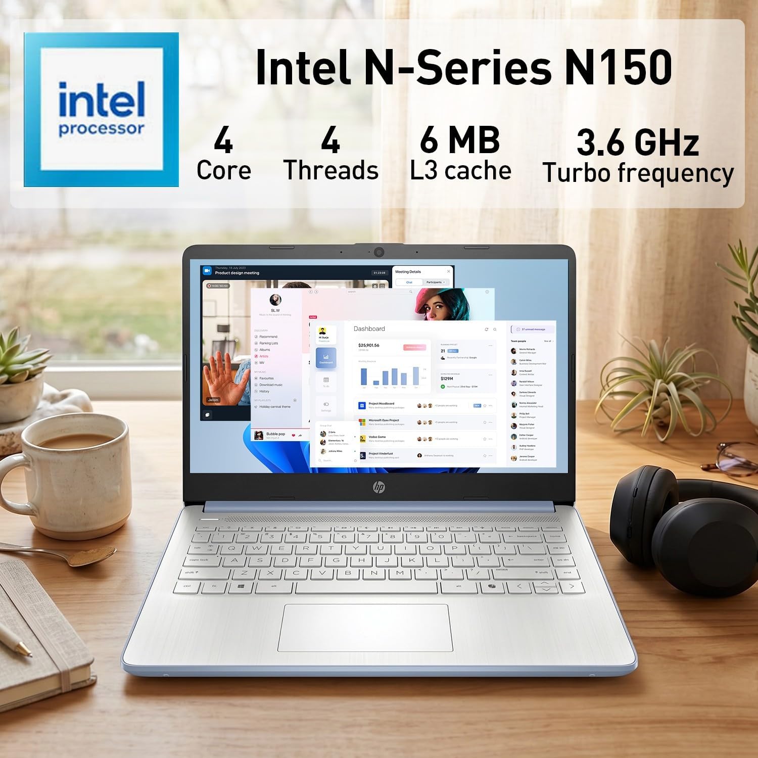 HP dq6012dx 14" Laptop, Intel N150 Processor (Up to 3.6GHz), 4GB RAM, 128GB eMMC Storage, 14-inch Micro-Edge Display, Wi-Fi 6, Webcam, HDMI, Windows 11 Home in S Mode, Blue, Bundle PCO Cooler (Blue)