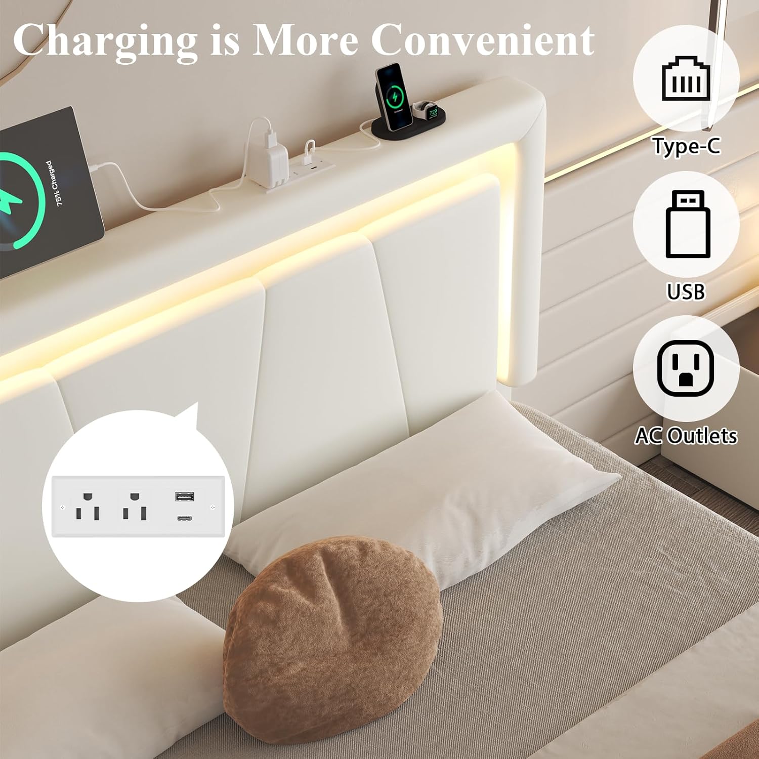 LoVinson Queen Size Bed Frame with 4 Storage Drawers, Charging Station and LED Light, Adjustable Upholstered Headboard, Noise-Free, No Box Spring Needed, Easy Assembly, White