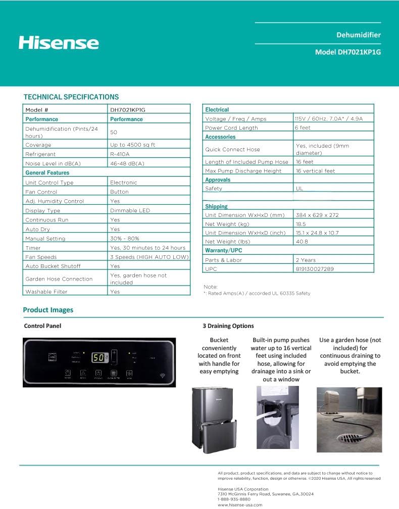 Hisense 50-Pint 3-Speed Built-in Pump Dehumidifier, 3 Modes (Auto, Continuous, Manual), LED display, Noise level 48 dB, up to 4500 sq ft, 115v – DH7021KP1G (Renewed)