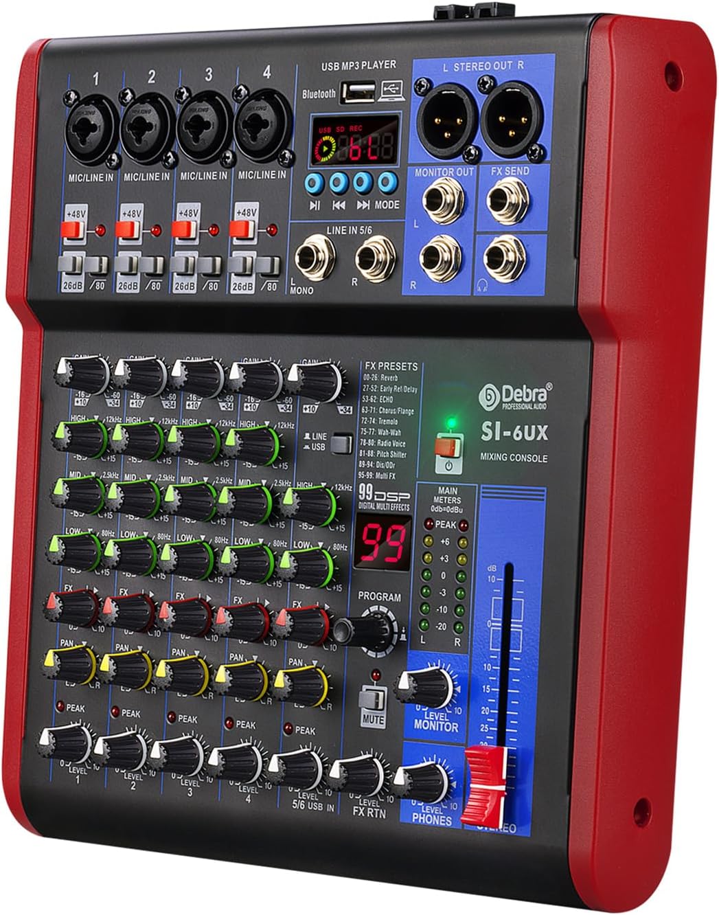 D Debra SI Series Professional Portable Recording Mixer Audio with 99 DSP Digital Effects Mic Preamps and USB for DJ Mixer Console Karaoke Home Recording Studio (SI-6UX)