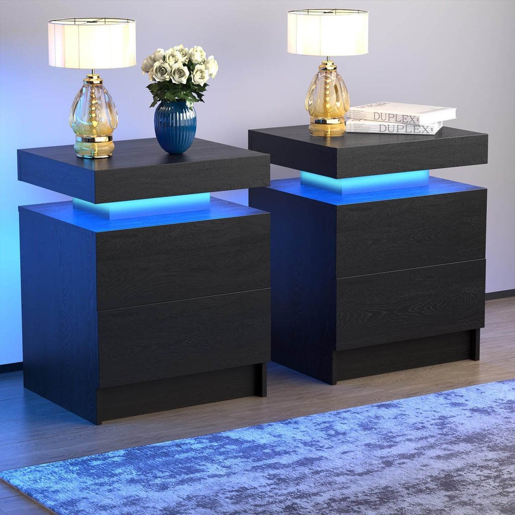 LED Nightstands Set of 2, Modern Black Night Stand End Tables with APP & Remote Control LED Lighting, 2 Drawers, Open Shelf Storage, Bedside Tables for Bedroom and Living Room