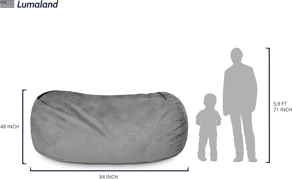 Lumaland Luxurious Giant 7ft Bean Bag Chair with Microsuede Cover - Ultra Soft, Foam Filling, Washable XXL Sofa for Kids, Teenagers, Adults Sack Dorm, Family Room Dark Grey