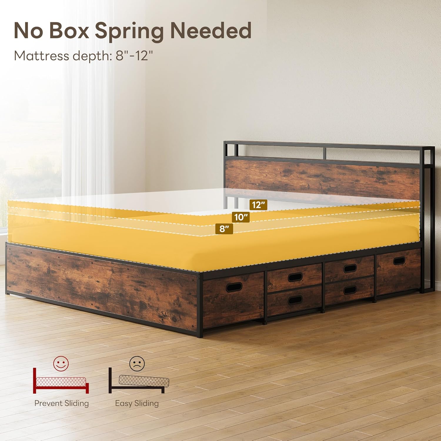 LIKIMIO King Bed Frame with 12 Fabric Storage Drawers, Industrial Platform Bed Frame with Headboard, No Box Spring Needed, Sturdy Metal Slat Support, Rustic Brown, Noise-Free, Easy Assembly