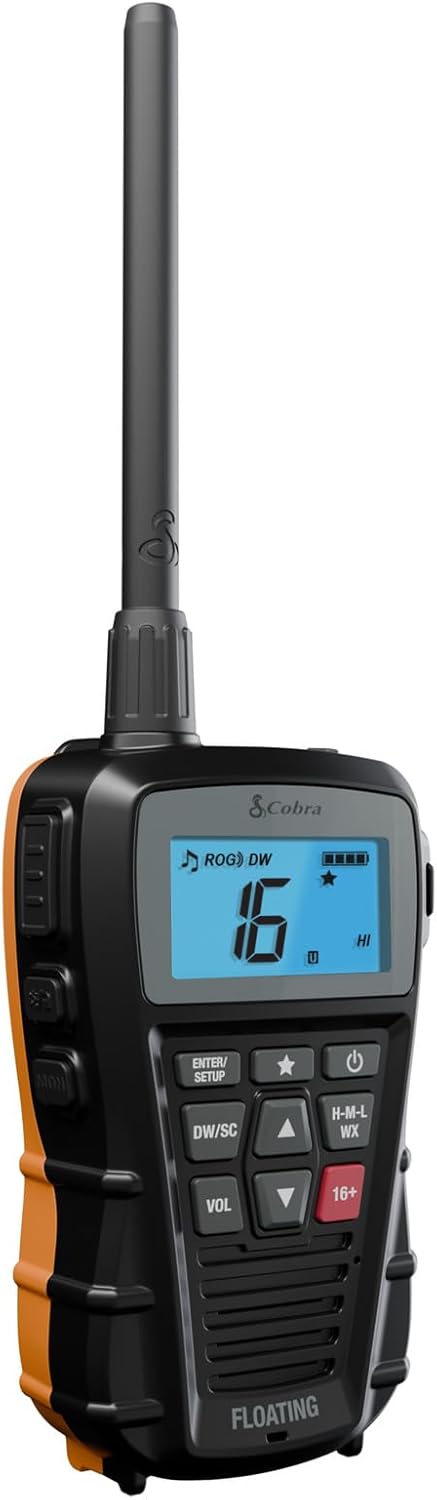 Cobra BlueBound 150 VHF Handheld Marine Radio - Black - 3-Watt, Floating, Long Range, NOAA Weather Alerts, International Functionality, IPX7 Waterproof, USB-C, Submersible, LCD Screen, Belt Clip