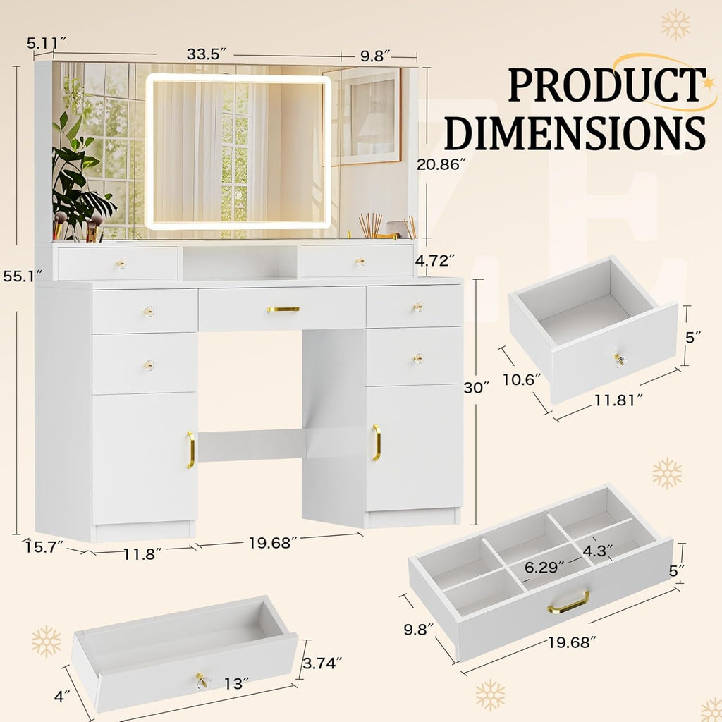 COMHOMA Vanity Desk with 3 Way Mirror and Lights, Large Makeup Vanity Table Set with Charging Station, 3 Lighting Modes & 360° View Mirror, 7 Drawers Dressing Table for Women Girls Bedroom, White