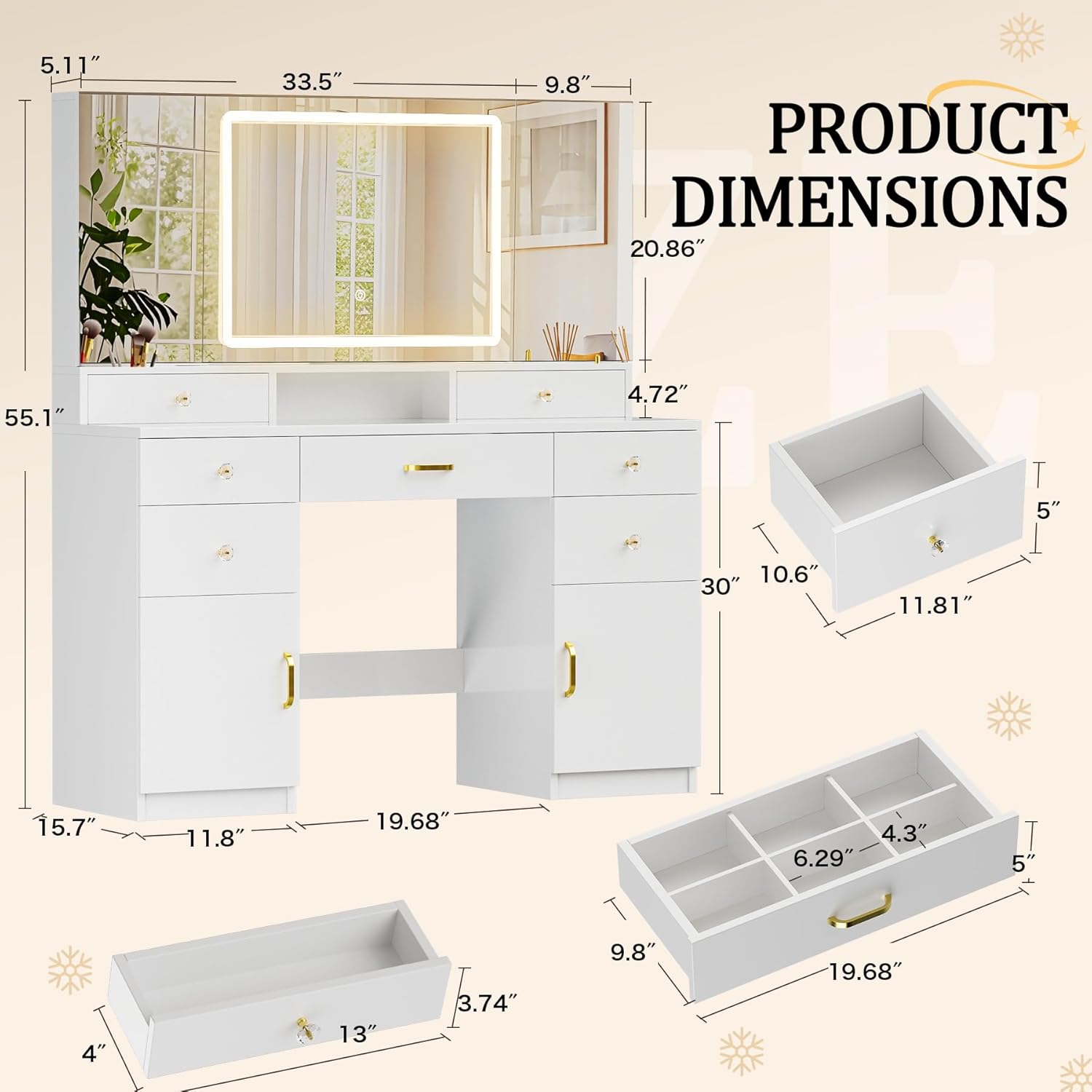 COMHOMA Vanity Desk with 3 Way Mirror and Lights, Large Makeup Vanity Table Set with Charging Station, 3 Lighting Modes & 360° View Mirror, 7 Drawers Dressing Table for Women Girls Bedroom, White
