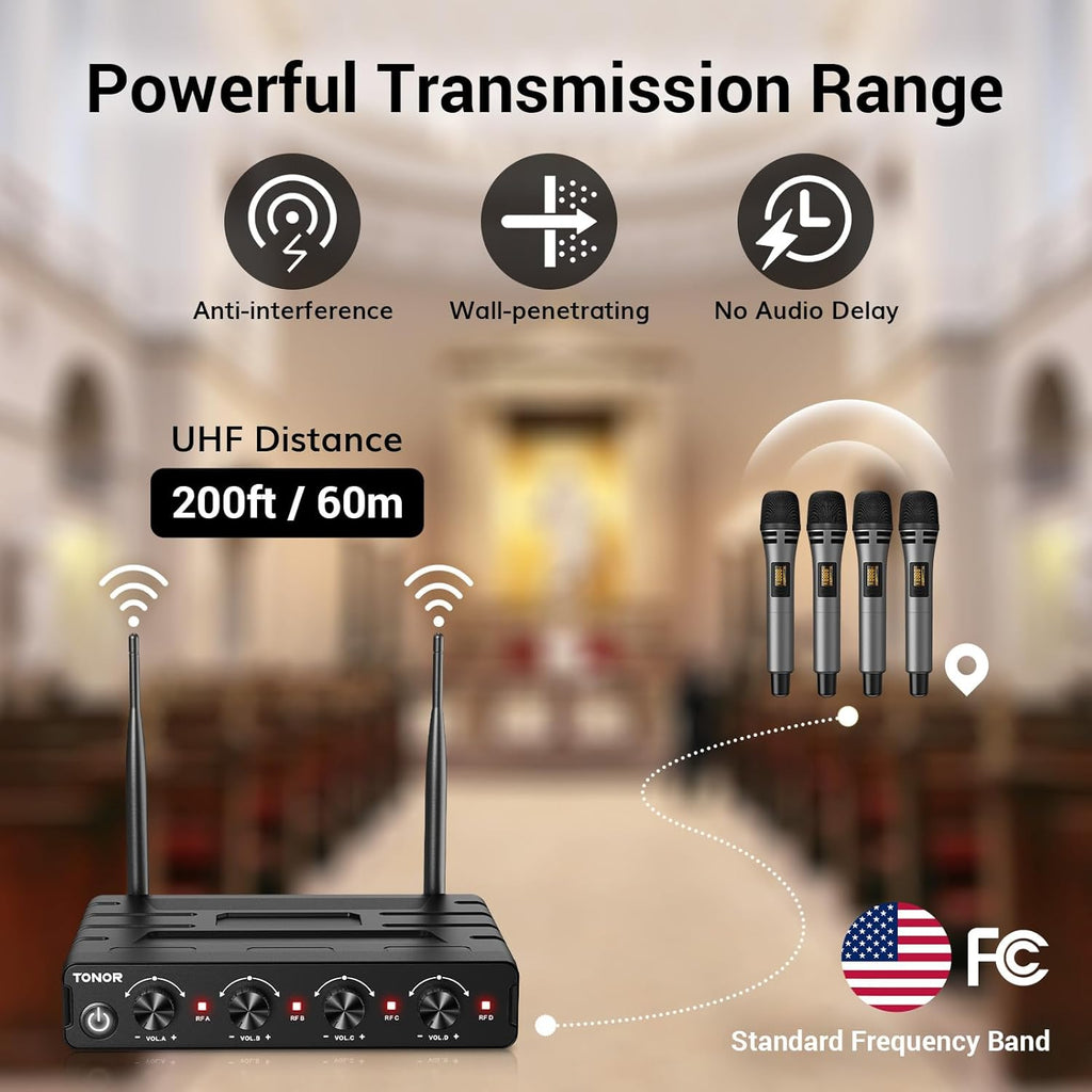 TONOR Wireless Microphones System with 4x10 Channels Cordless Handheld Microfono Inalambrico, 60 m/200FT UHF Range, Mics with Stable Signal Transmission for Karaoke Singing Party Church Wedding