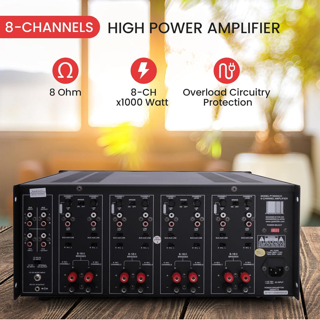 Pyle 4 Multi-Zone Stereo Amplifier - 19” Rack Mount, Powerful 8000 Watts with Speaker Selector Volume Control & LED Audio Level Display, 4-Ch. Bridgeable Switches - PT8000CH