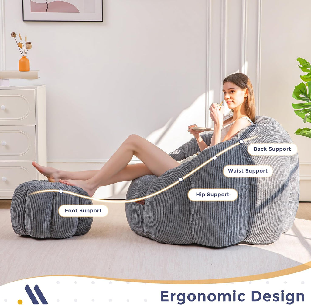 MAXYOYO Giant Bean Bag Chair with Ottoman, Pumpkin-Shaped Bean Bag Sofa with Footstool, Oversized Boneless Couch Chair in a Box, Comfy and Lazy Lounge for Dorm, Living Room, Bedroom, Dark Grey