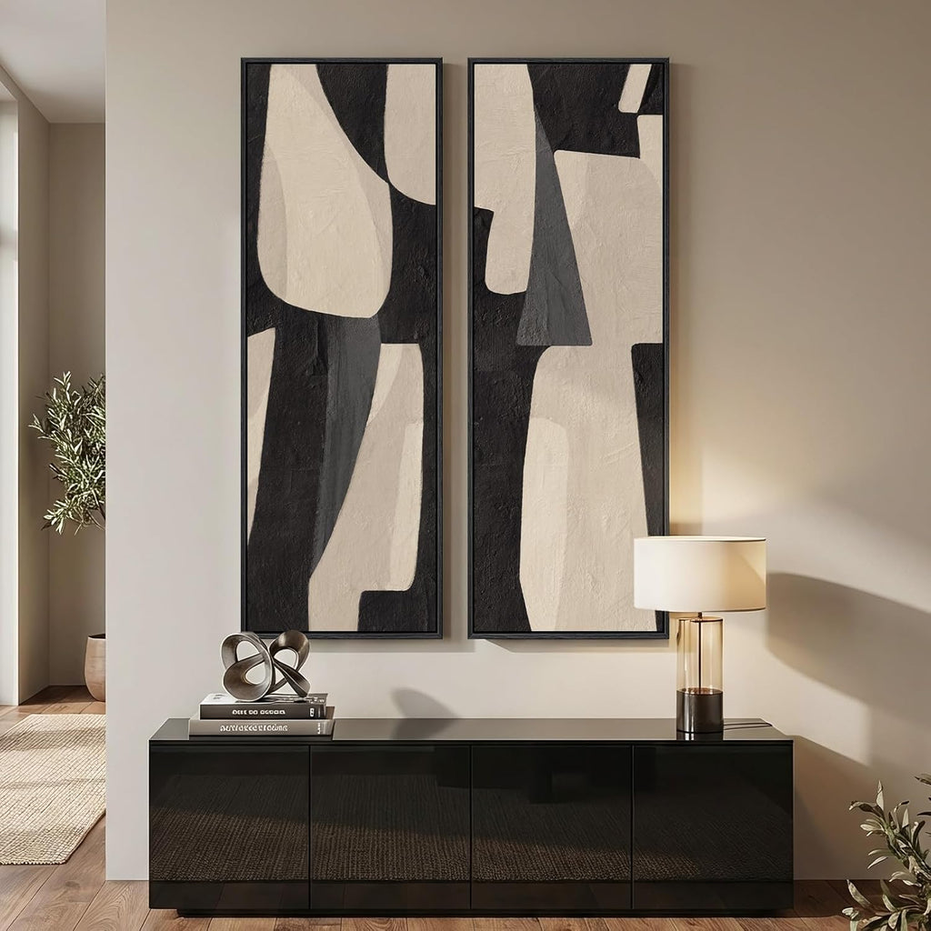 Long Narrow Framed Neutral Abstract Vertical Wall Art, Set of 2 Modern Canvas Prints Paintings Artwork for Walls, Black and Beige Minimalist Pictures Living Room Bedroom Hallway Entryway Wall Decor