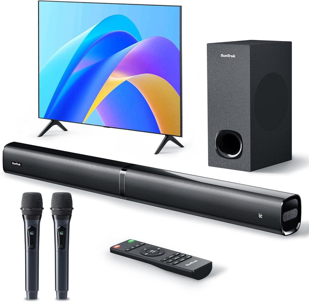 Soundbar with Subwoofer for TV, Home Theater Bluetooth 5.3 Speaker System with 2 Wireless Karaoke Mics, Surround Sound Audio with HDMI ARC, Optical, AUX, USB for Movie, Music, Family Party(Peak 240W)