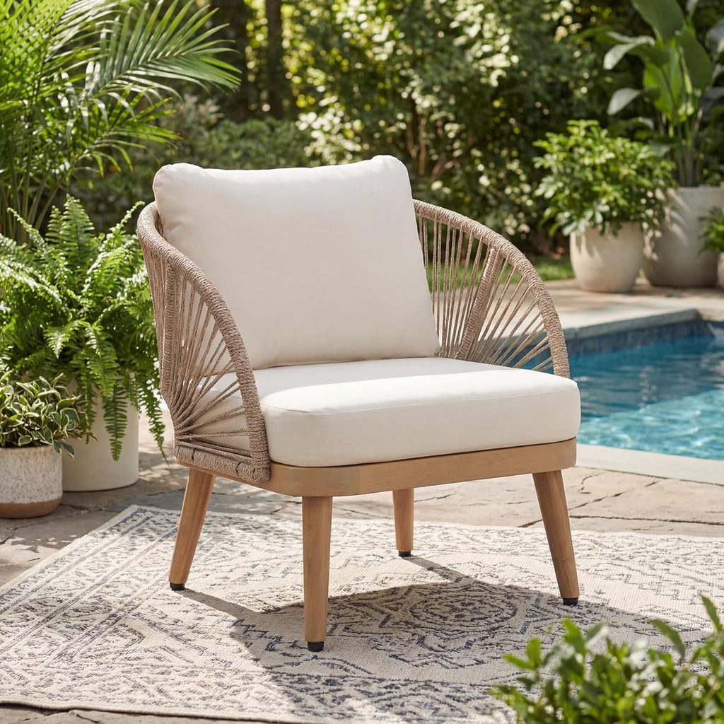 Christopher Knight Home Lydia Boho Patio Furniture Acacia Wood Club Chair, Outdoor Lounge Chair, Modern Tub Accent Chair with Rope Woven and Removable Cushions, Deep & Sturdy Seating, Natural+Beige