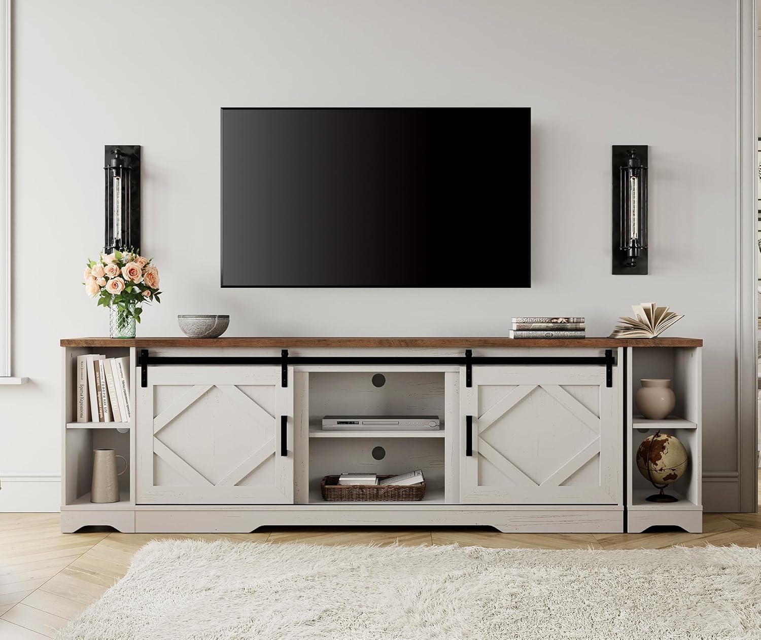 WAMPAT 3-in-1 Modern Farmhouse TV Stand for up to 95" TV, 25.6" H Wood Entertainment Center with Sliding Barn Door and Adjustable Media Storage Shelf for Living Room, Antique White
