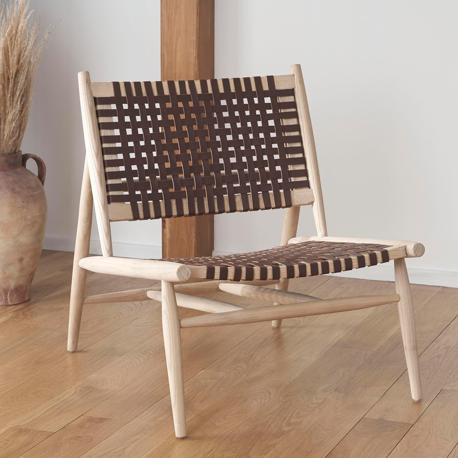 Safavieh Home Collection Soleil Natural and Cognac Leather Woven Accent Chair