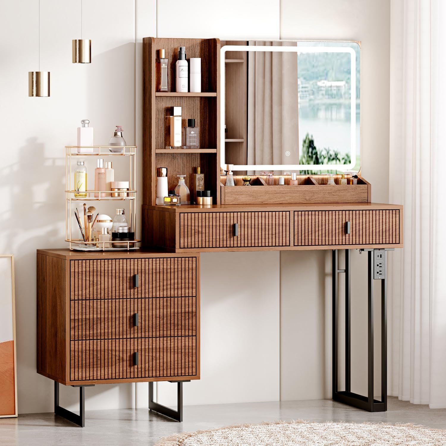 Large Vanity Desk with 3 Color Touch Screen Dimming Mirror, Vanity Desk with Charging Station, Modern Retractable Makeup Dressing Table, Makeup Table With storage shelves and 5 Sliding Drawers, Walnut