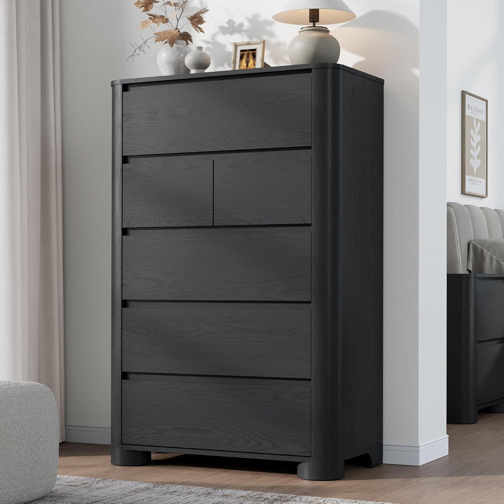 YANSNWO Minimalist Dresser and Nightstand Sets 4 Piece Bedroom Set, Wide & Tall 6-Drawer Dresser & 2 Nightstands with Charging Station, Wooden Bedroom Dresser Sets, Black