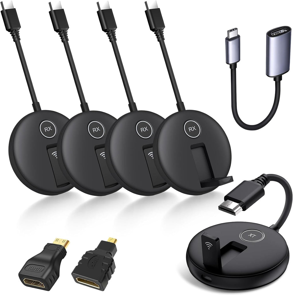 Wireless HDMI Four Receivers and Transmitter,165FT/50M,Splitter Plug and Play,Wirelessly Simultaneous Expansion to Multi-TVs,1080P Full HD for Streaming from Laptop,Camera,PC to TV/Projector