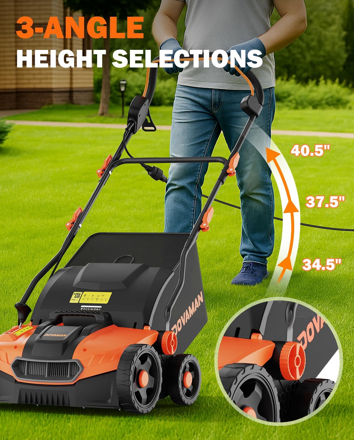 DOVAMAN DS16A 15Amp 16" 2-in-1 Electric Dethatcher and Scarifier, Lawn Dethatcher w/5-Position Depth Adjustment, Quick-Fold, 12 Gal Collection Bag, Yard Trimmer for Gardening Care and Lawn Maintenance