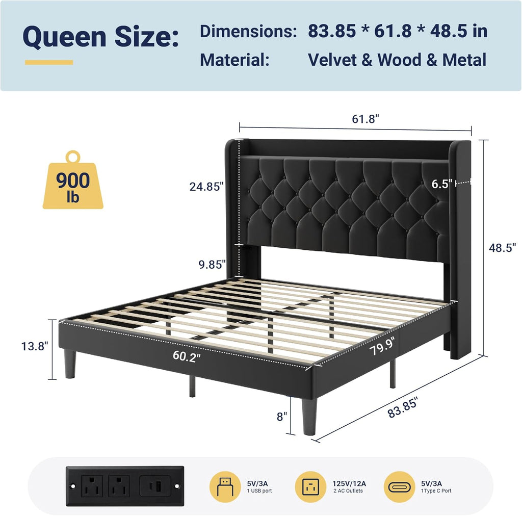 Allewie Queen Size Bed Frame, Storage Headboard with Charging Station, Wingback Velvet Upholstered, Diamond Stitched Button Tufted, Sturdy Wooden Slats, No Box Spring Needed, Easy Assembly, Black