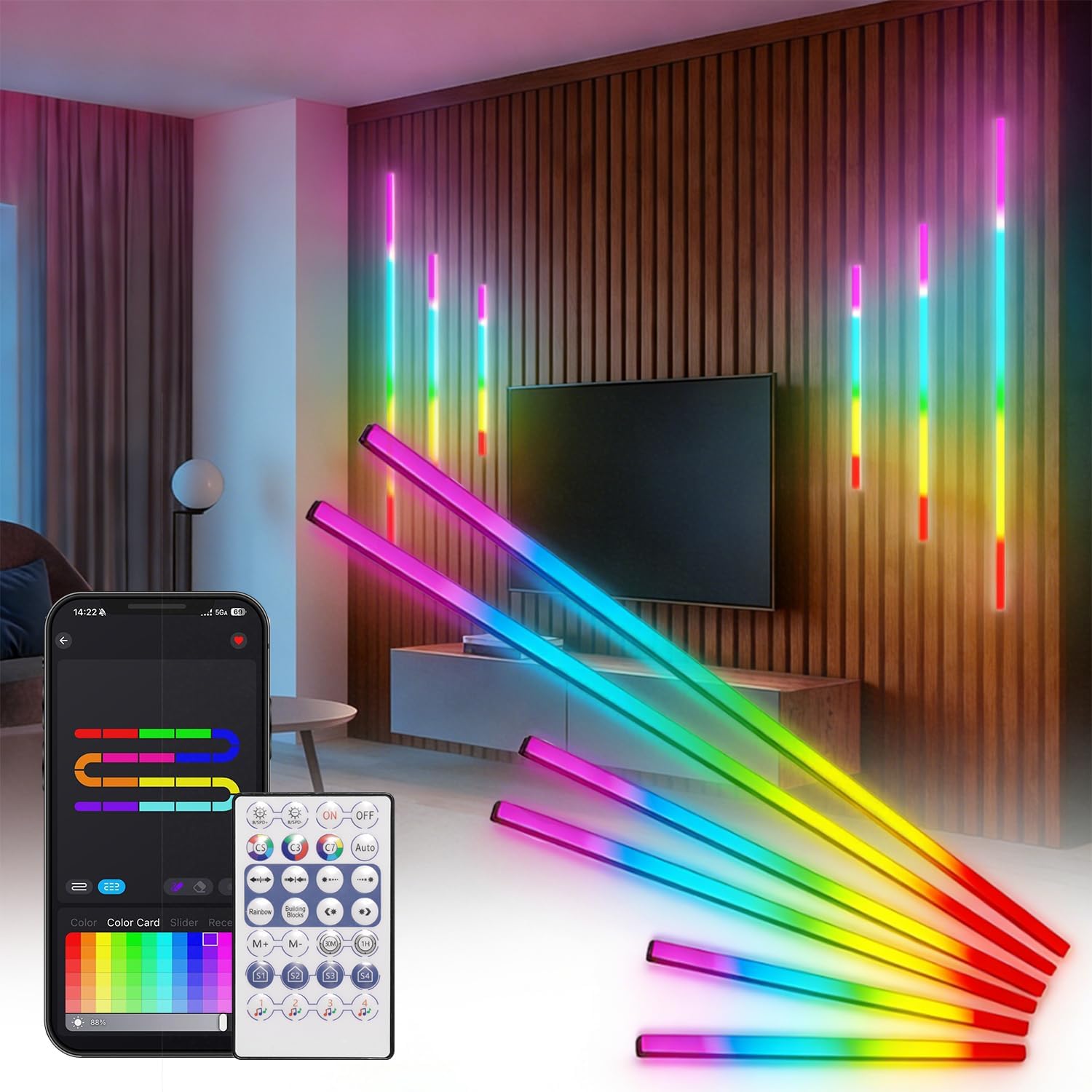 6 Pcs RGB+IC Slat Wall LED Lights for Acoustic Panels, Wood Slat Panel RGB Wall Lights Color Chasing, Alexa Smart Self-Adhesive LED Strips Recessed Lighting Kit for Acoustic, Black Shell (15+25+35in)