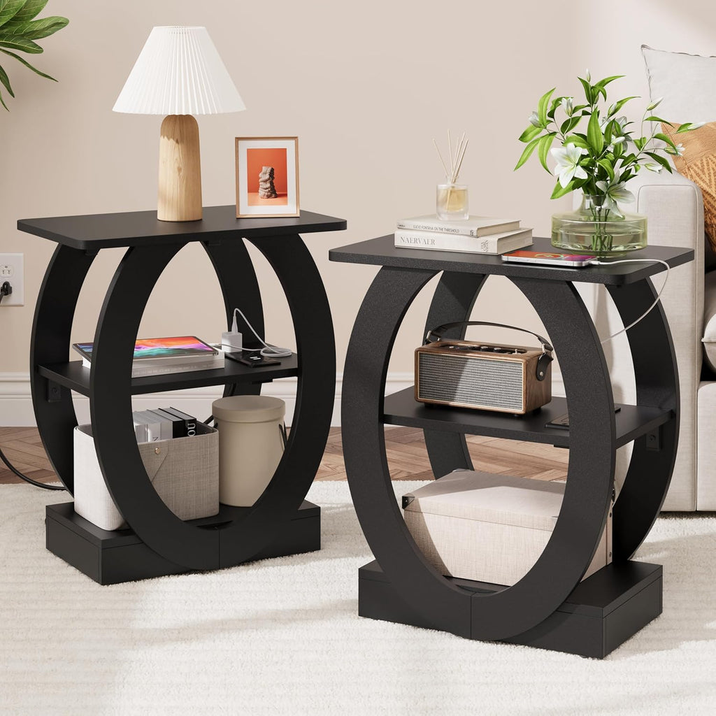 End Table Set of 2 with Charging Station, Black Side Table with USB Ports and Outlets for Living Room, Wood Nightstand with Large Storage Shelf for Bedroom Sofa Couch, Bedside Table Night Stands