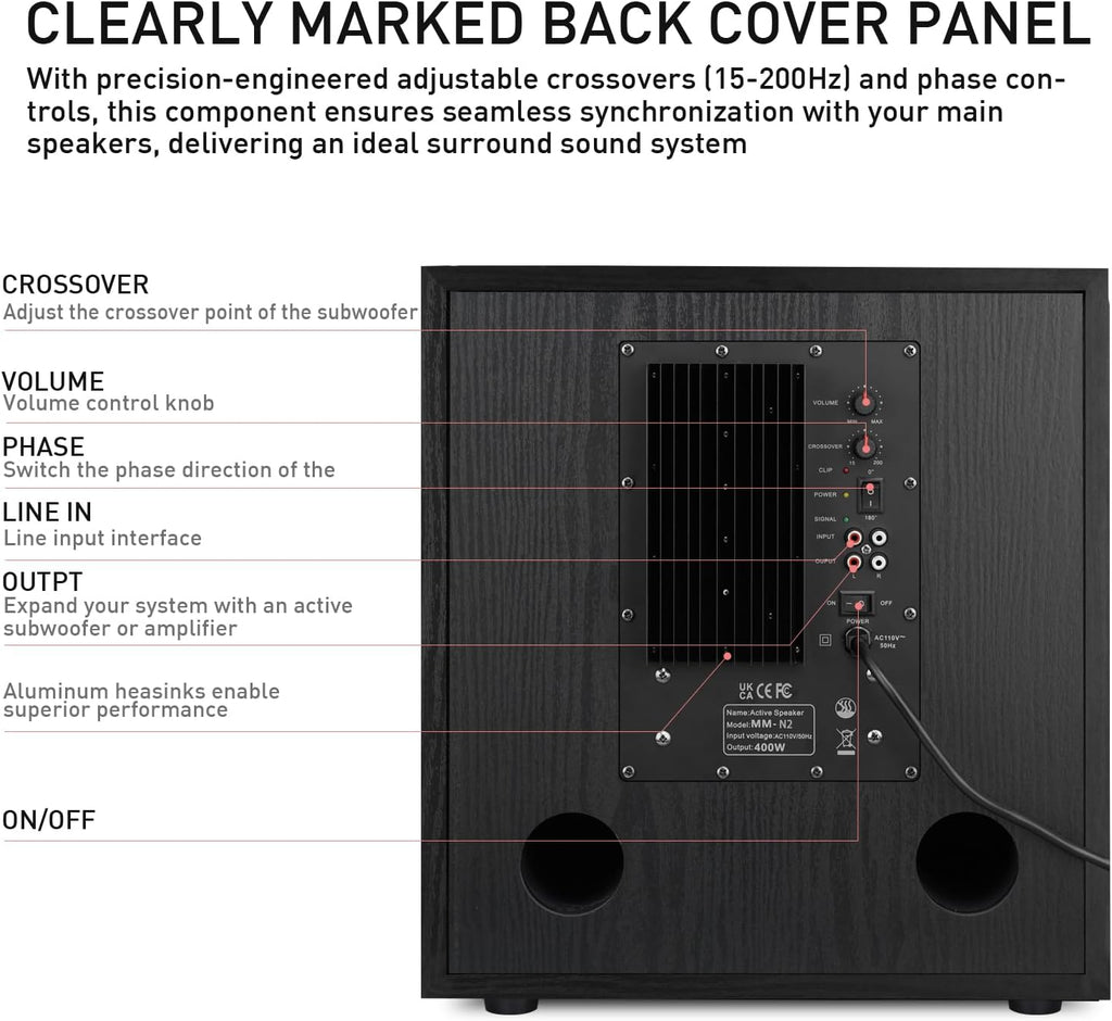 12" Active Home Theater subwoofer, Featuring RCA Input and Output interfaces, 400W RMS, Medium-Density fiberboard Cabinet with Heat Sink, Adjustable Crossover Frequency Range from 15-180 Hz.