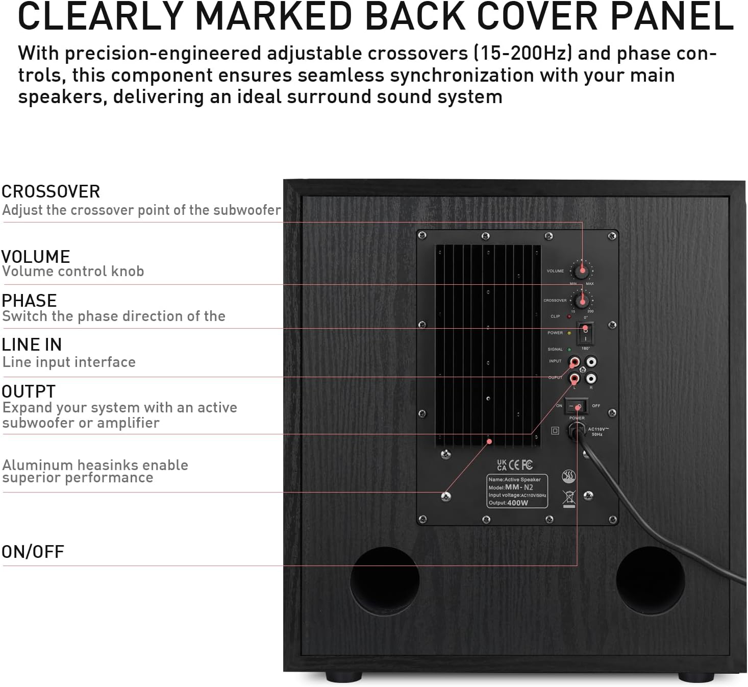 12" Active Home Theater subwoofer, Featuring RCA Input and Output interfaces, 400W RMS, Medium-Density fiberboard Cabinet with Heat Sink, Adjustable Crossover Frequency Range from 15-180 Hz.