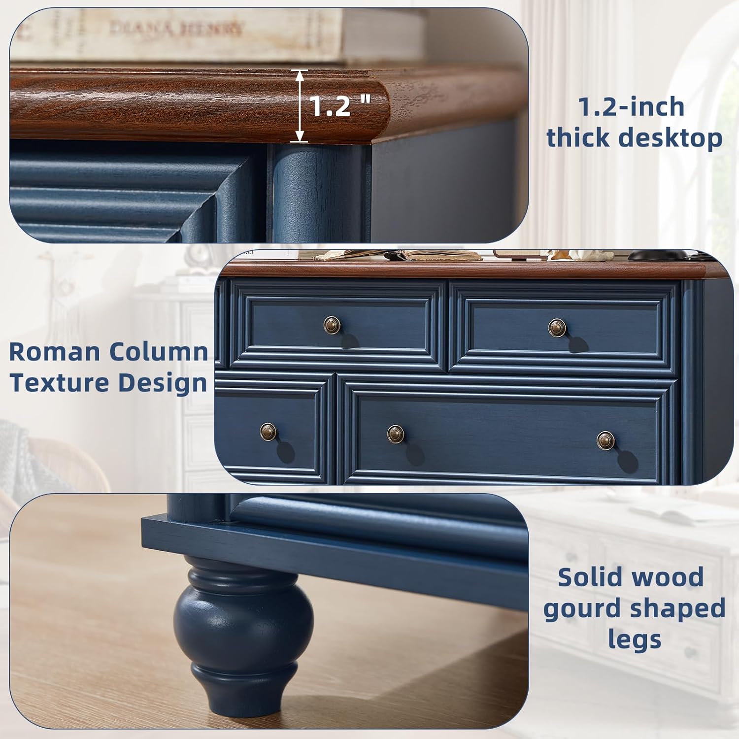Farmhouse Dressers & Night Stand Set of 4, Wood 54" Wide 7 Drawer Dresser & 43.5" Tall Chest of Drawers, 18"Roman Column Nightstand Set of 2, Bedroom Furniture Dresser Set for Home Living Room Hallway